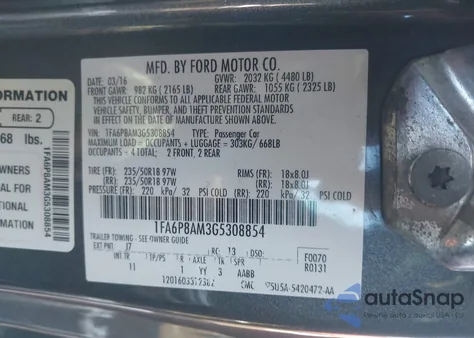 2016 Ford Mustang V6 из США, поврежденный, VIN 1FA6P8AM3G5308854